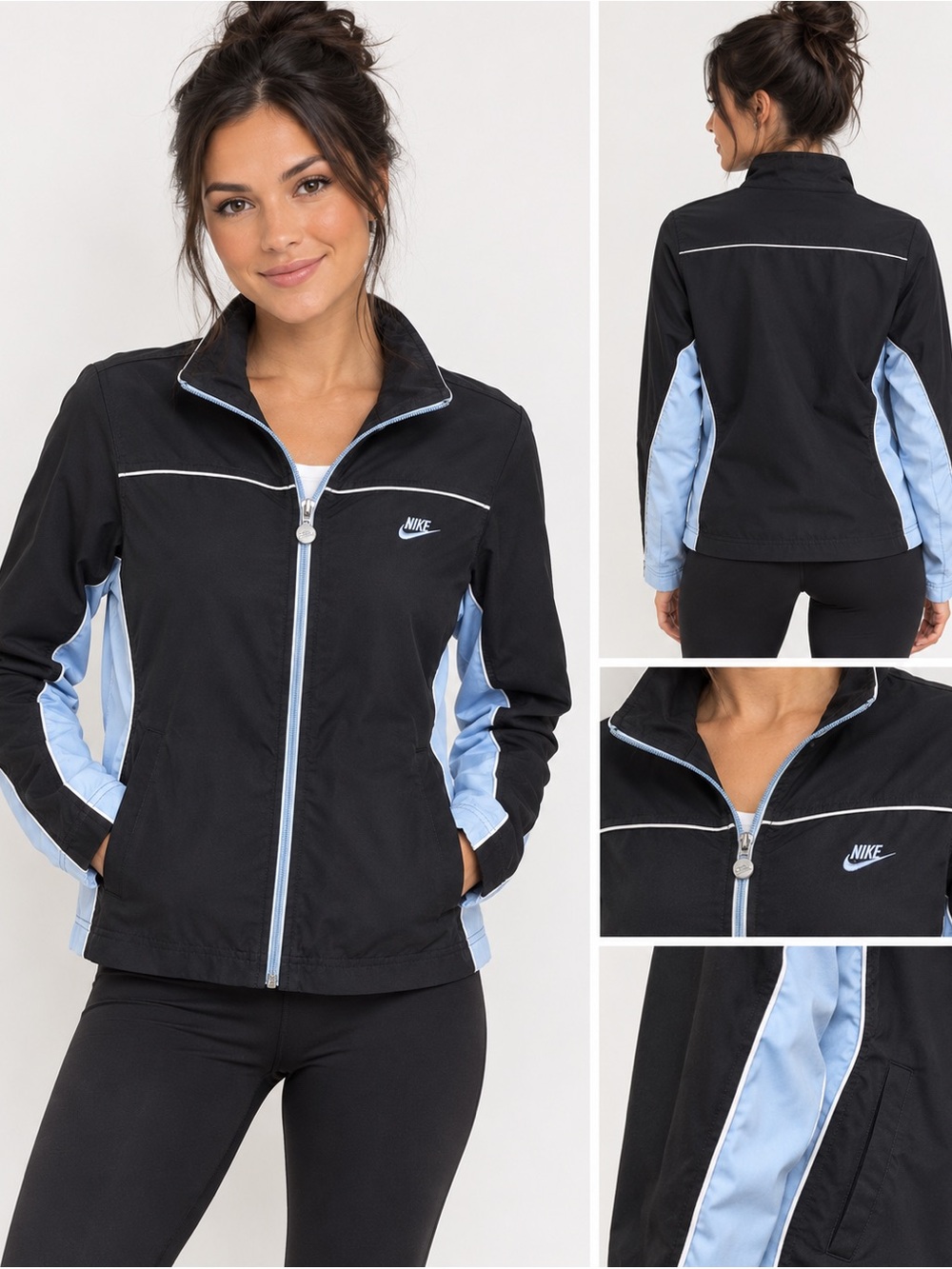 Y2K Nike Women’s Black & Light Blue Full Zip Track Jacket Size S